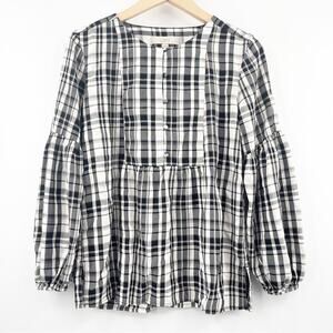 LOFT ANN TAYLOR Top Peplum Plaid Blouson Henley B&W Business Casual Size Small